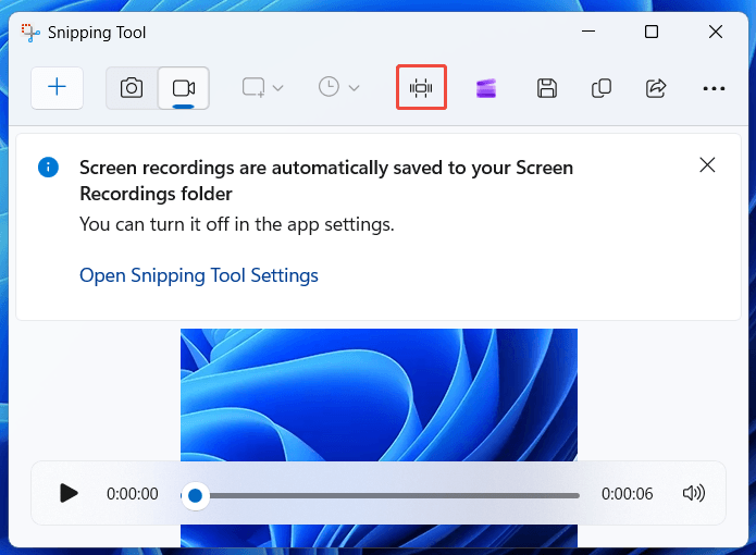 Alt=The selected Video Trim icon at the top of the Snipping Tool window.