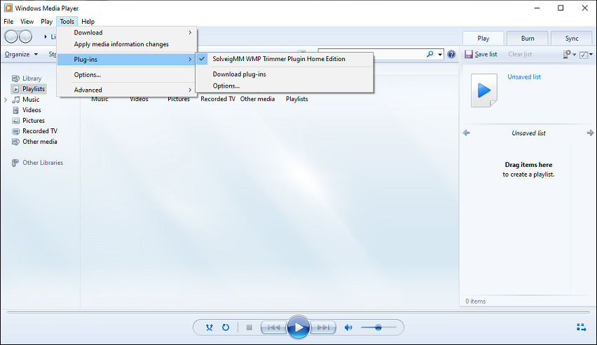 Windows Media Player interface showing how to activate SolveigMM WMP Trimmer Plugin.