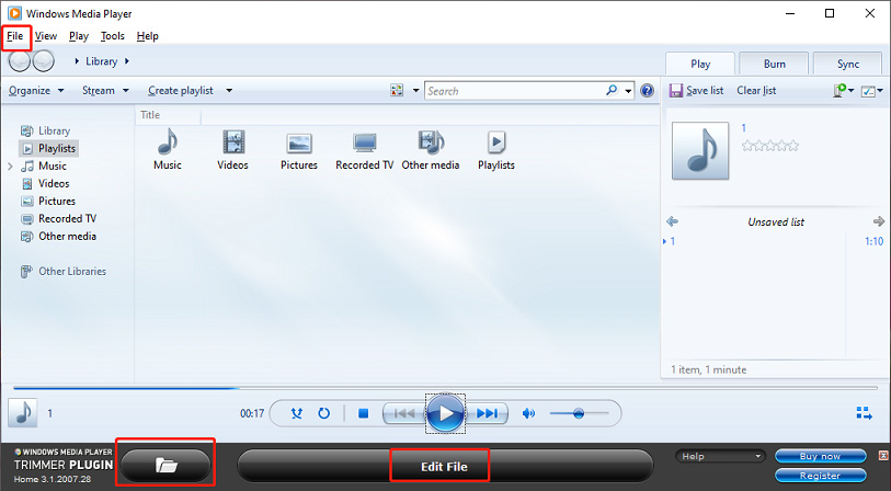 Windows Media Player interface with the highlighted File and Edit File options.