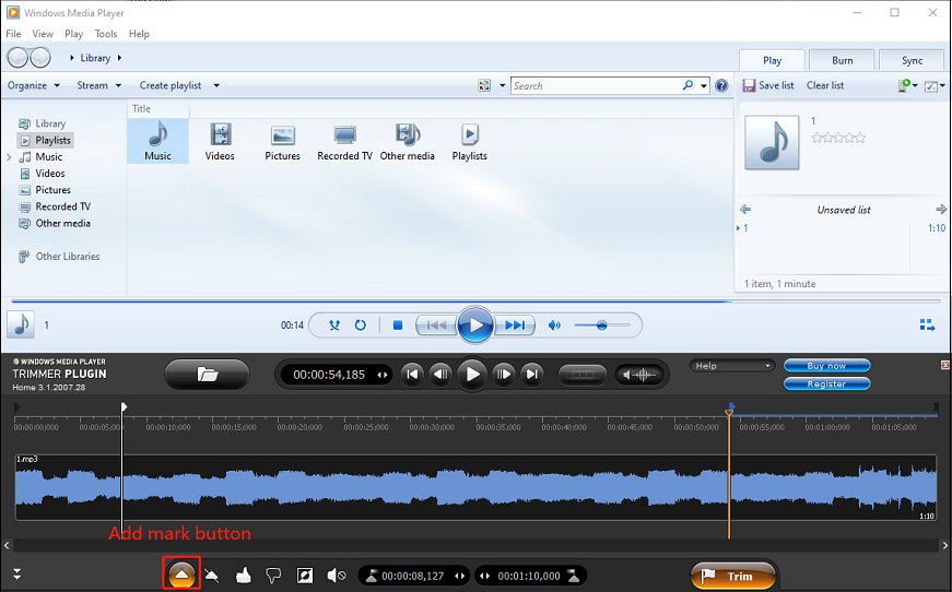 Windows Media Player interface with the highlighted Add mark button at the bottom.