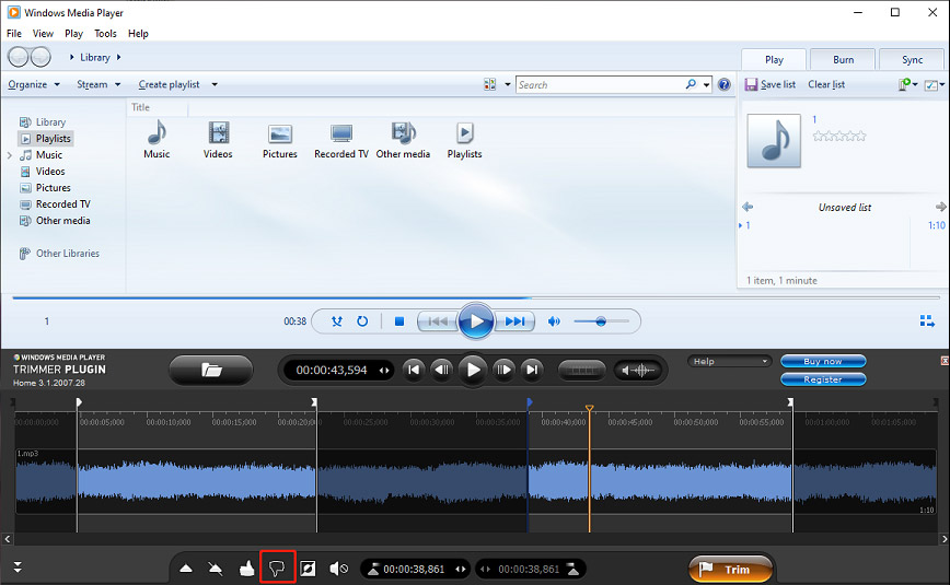 Windows Media Player interface with the highlighted Cut Out Selected Fragment button at the bottom.