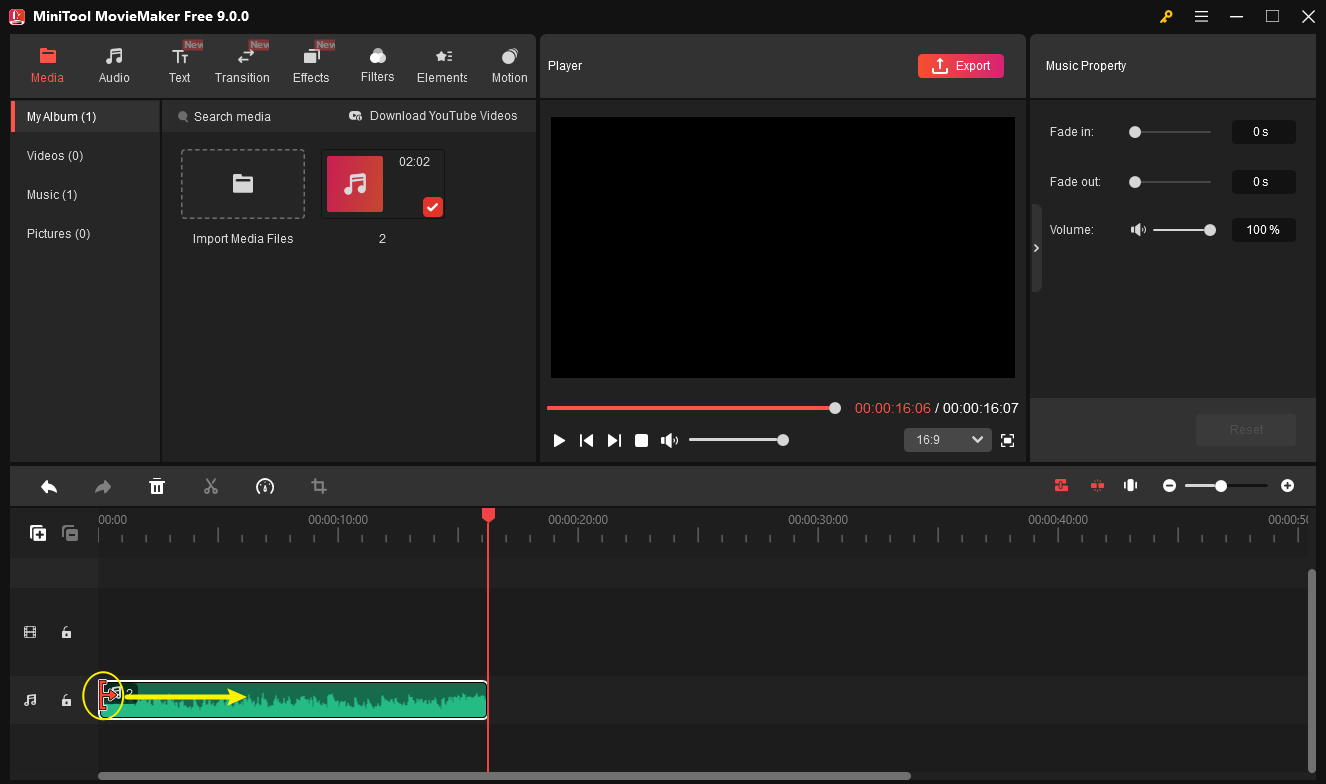 MiniTool MovieMaker interface showing how to trim an MP3 file on the timeline.