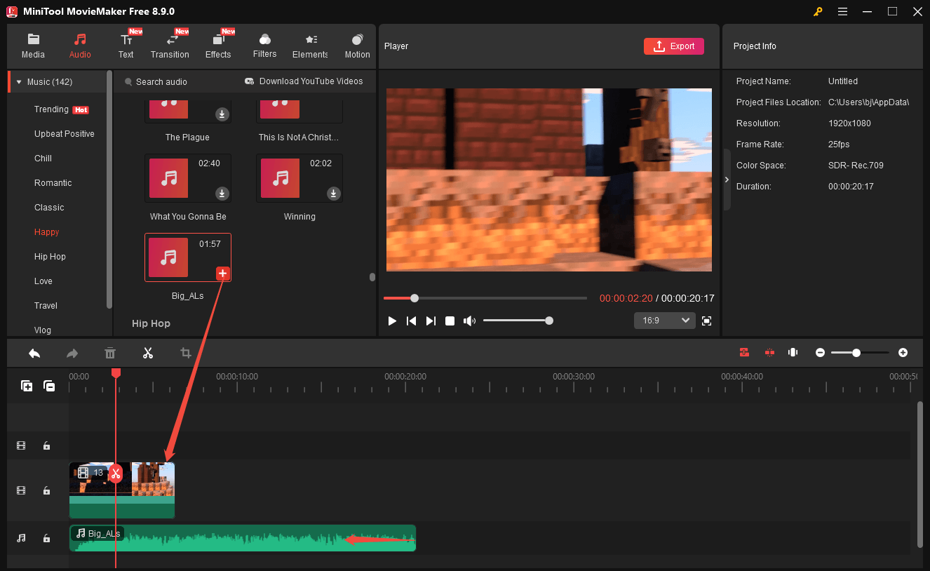 MiniTool MovieMaker interface showing how to add an audio and trim it on the timeline.