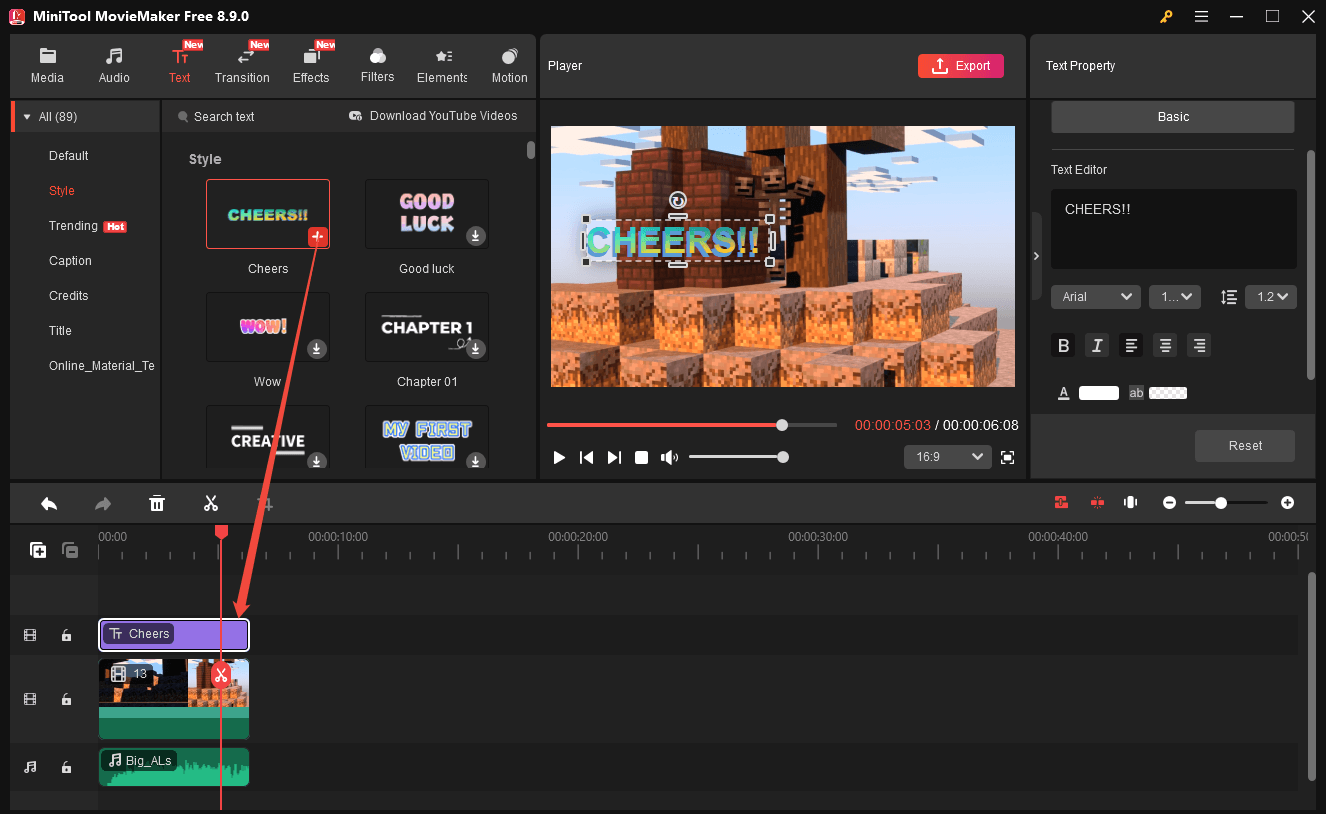 MiniTool MovieMaker interface showing how to add a text preset to the timeline.