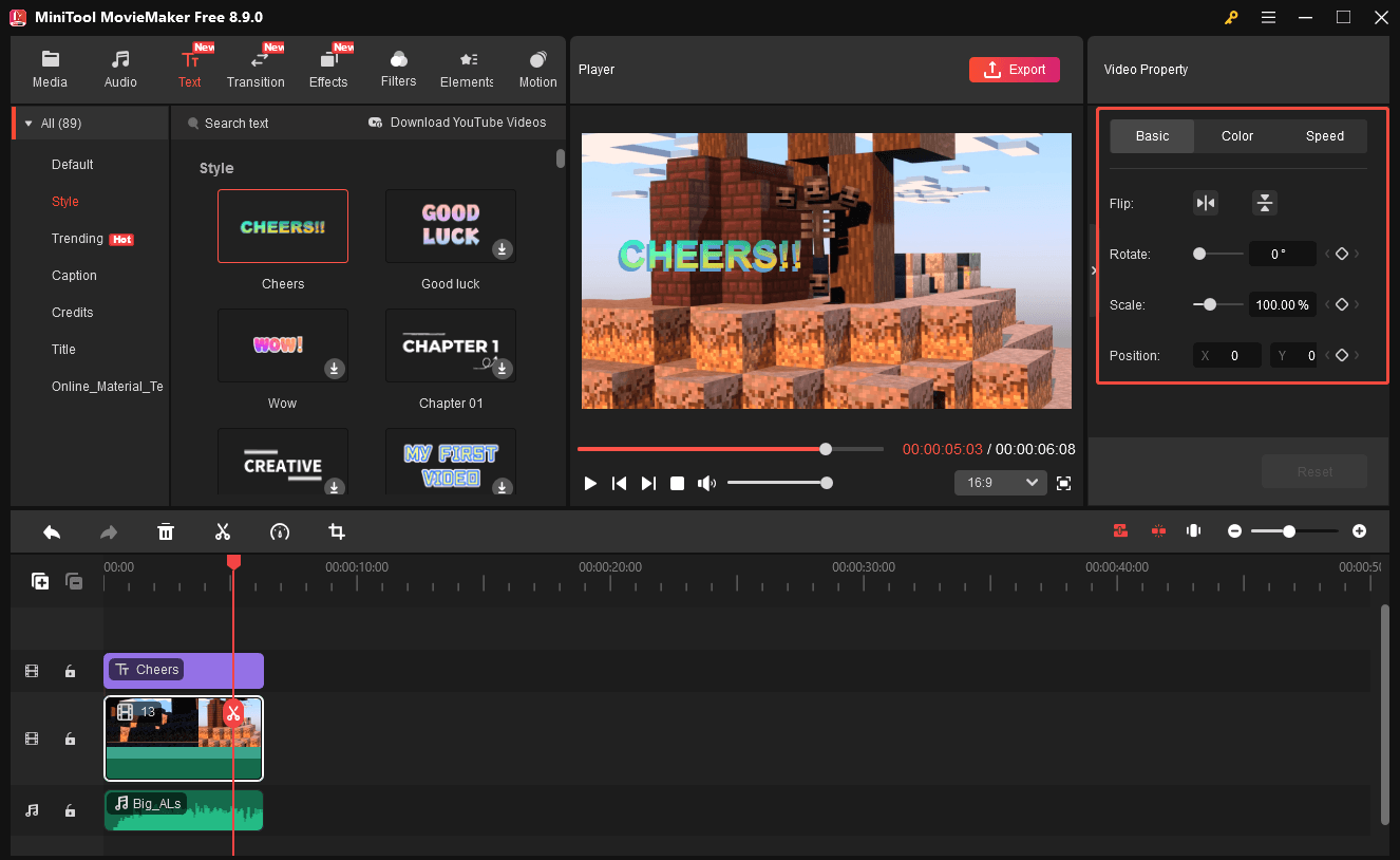 MiniTool MovieMaker interface with the highlighted Video Property section on the right.
