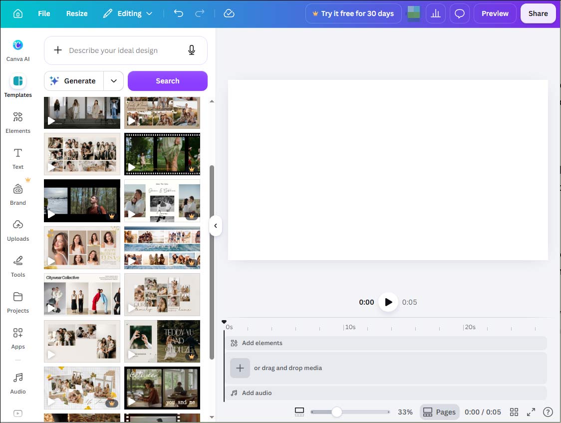 Canva video editing page with expanded templates menu on the left sidebar.
