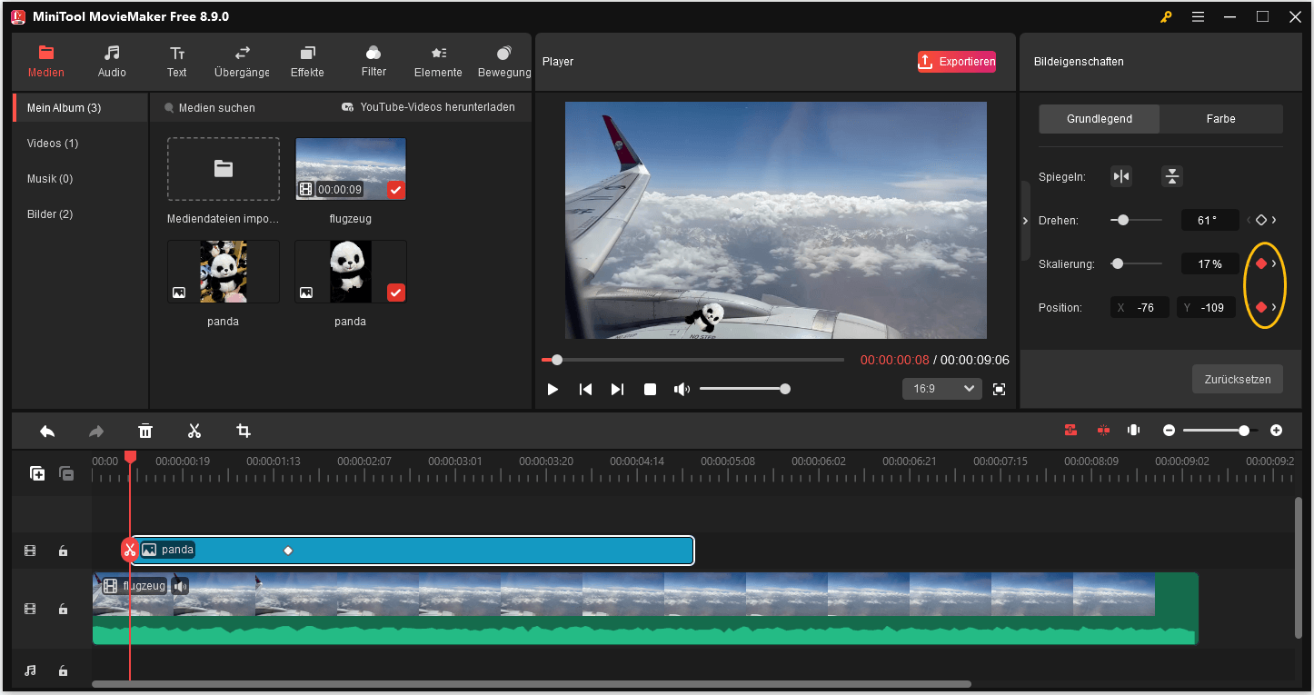 Das ausgewählte Symbol „Keyframe hinzufügen“ neben „Position“ auf der rechten Seite der MiniTool MovieMaker-Benutzeroberfläche.