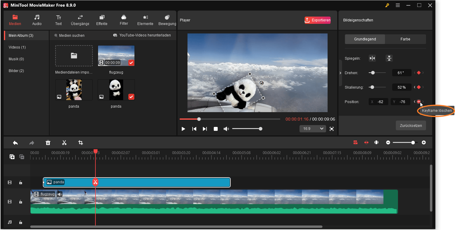 Das ausgewählte Symbol „Keyframe löschen“ neben „Drehen“ auf der rechten Seite der MiniTool MovieMaker-Benutzeroberfläche.