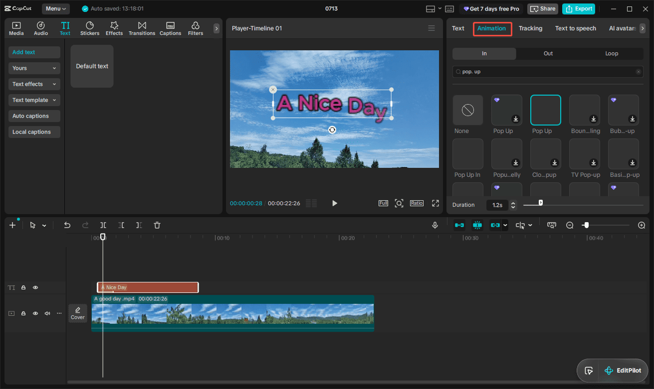 Der ausgewählte Tab „Animation“ im rechten Bedienfeld der CapCut-Oberfläche.