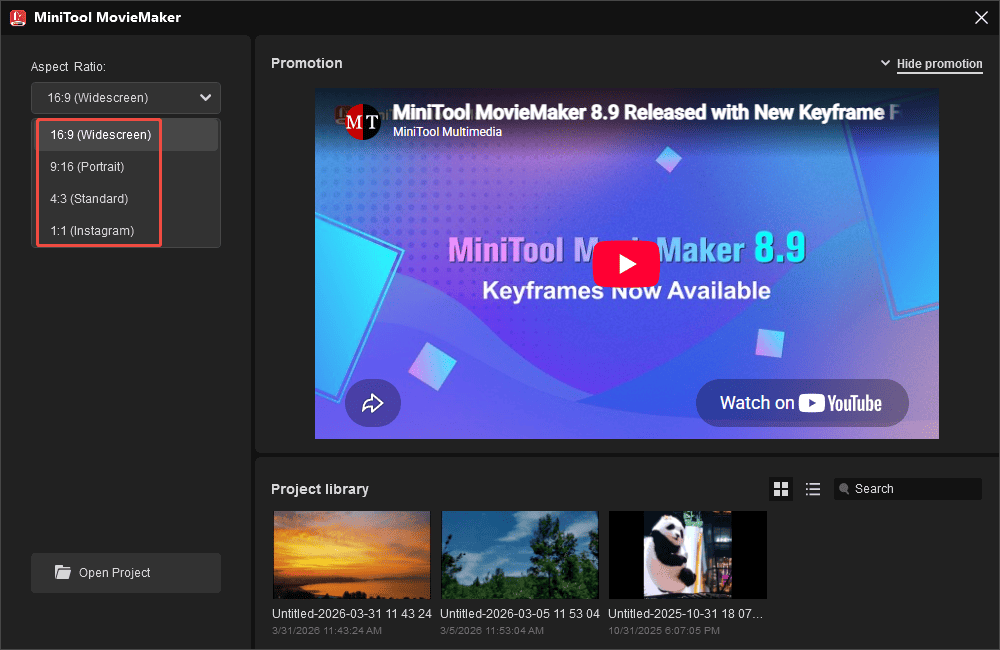 The expanded Aspect Ratio menu on the project file window of MiniTool MovieMaker.