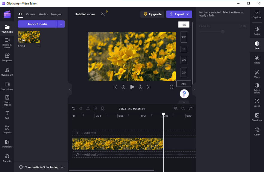 Microsoft Clipchamp interface with the expanded aspect ratio options on the right of the preview window.