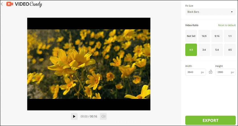 Video Candy interface showing how to change the aspect ratio.