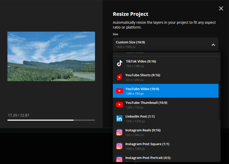 Kapwing Resize Project window with expanded ratio options.
