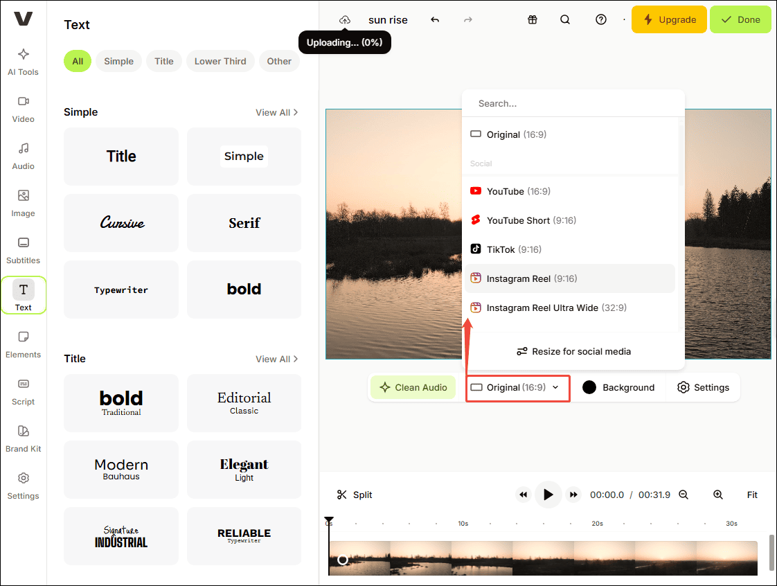 VEED interface showing how to change the aspect ratio.