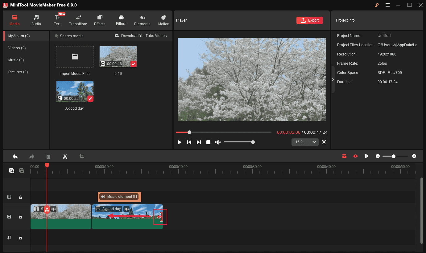 MiniTool MovieMaker interface showing how to trim a video on the timeline.
