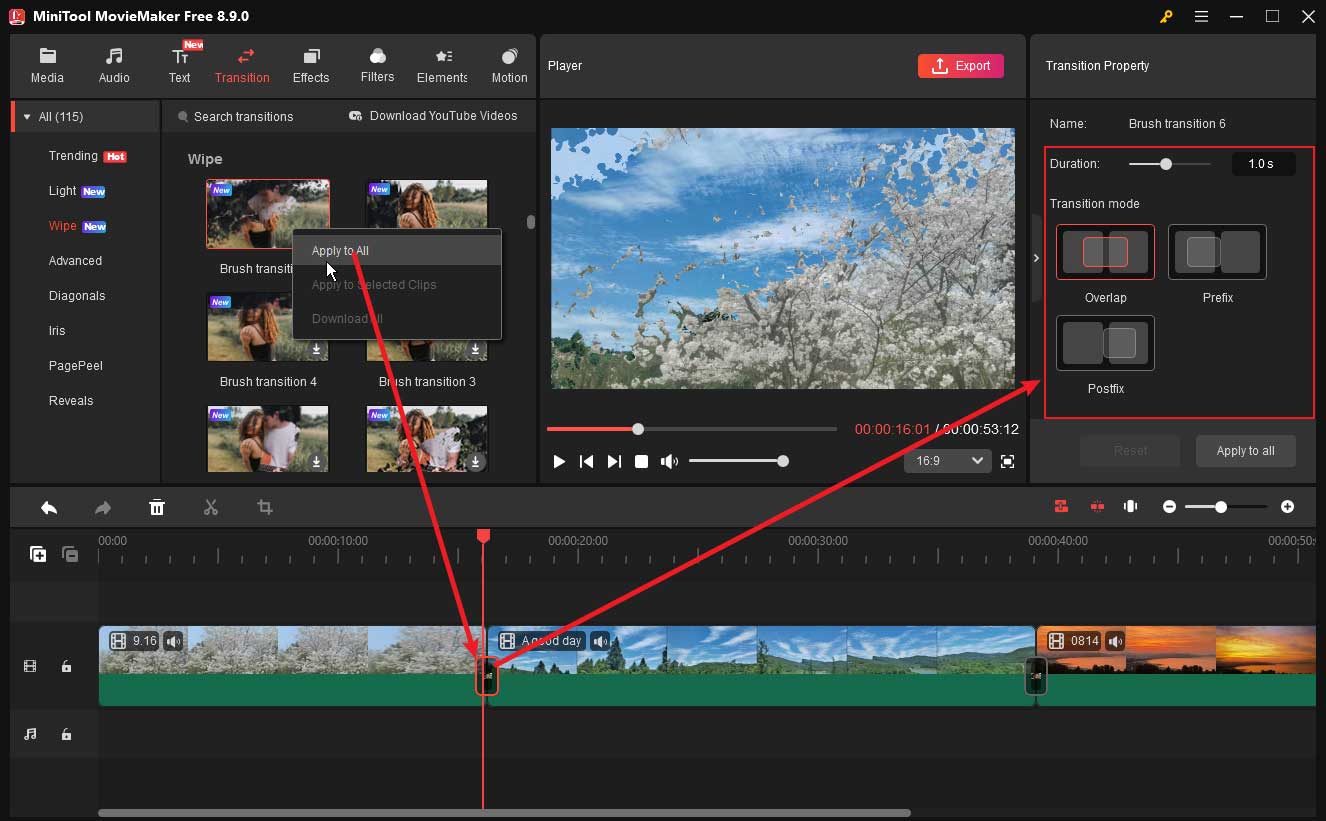 MiniTool MovieMaker interface showing how to add and edit the transition.