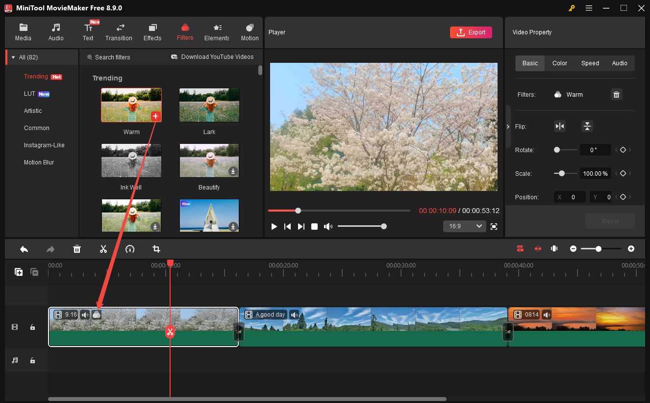 MiniTool MovieMaker interface showing how to add a filter to the video.