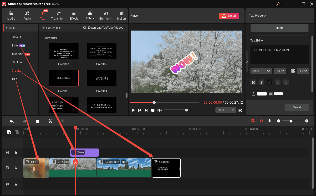 MiniTool MovieMaker interface showing how to add text templates to the timeline.