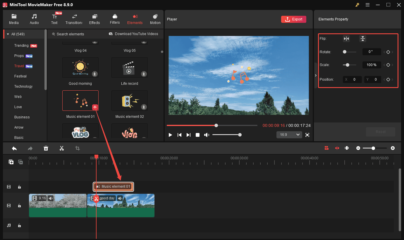 MiniTool MovieMaker interface showing how to add an element to the timeline and edit it.
