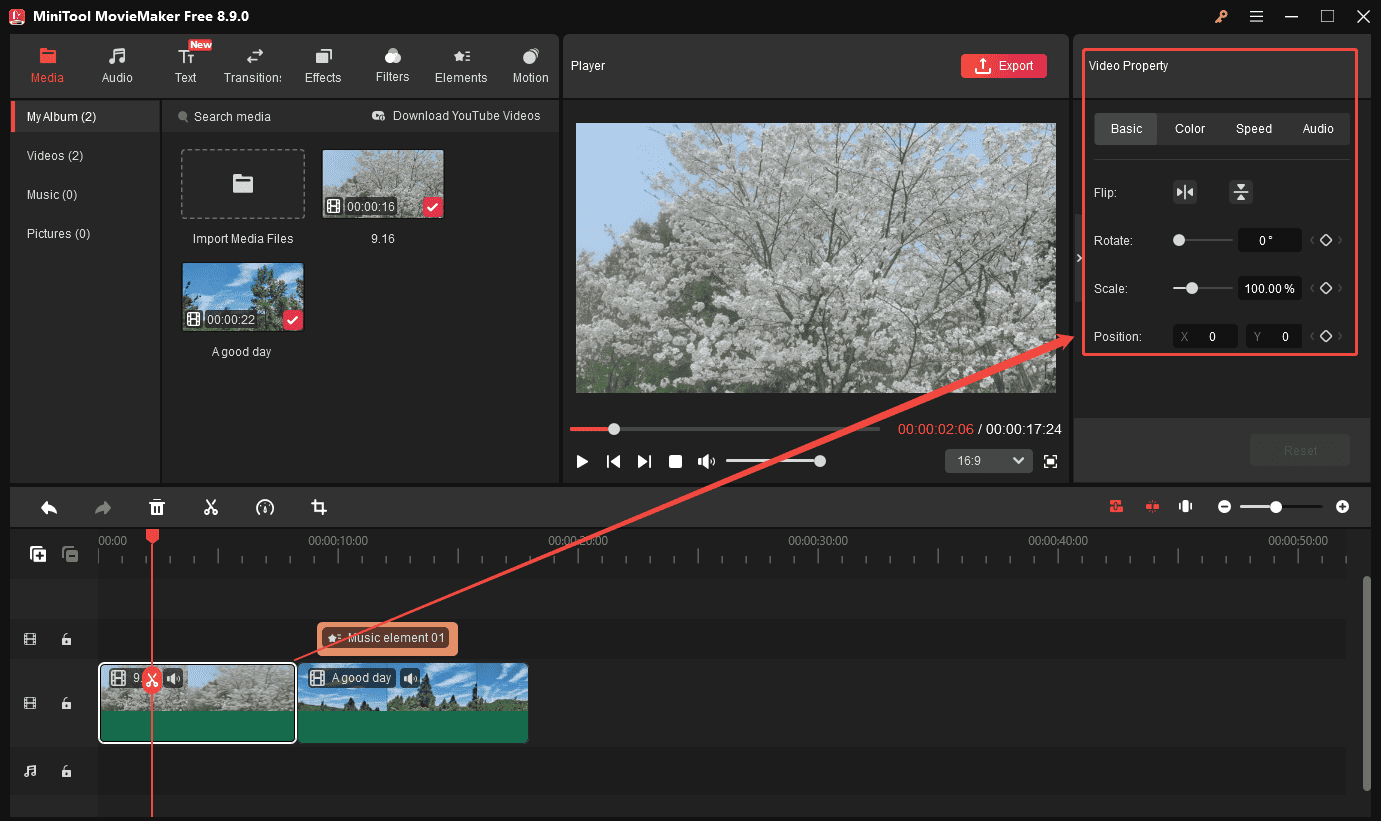 MiniTool MovieMaker interface showing how to add edit videos in the property section.