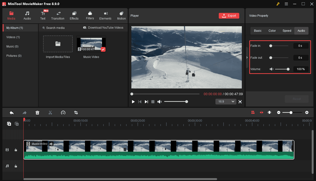 The selected audio tools on the right panel of the MiniTool MovieMaker interface.