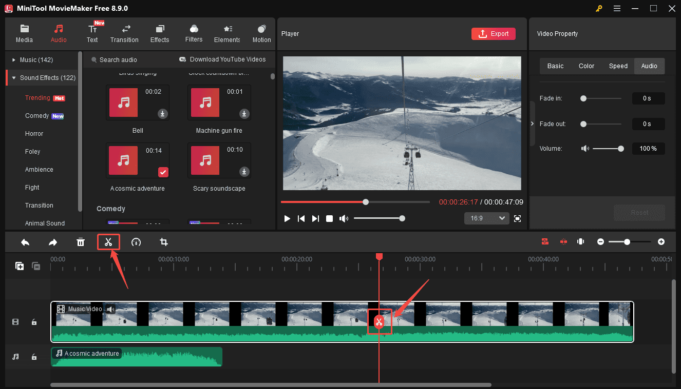 MiniTool MovieMaker interface showing how to split a video.