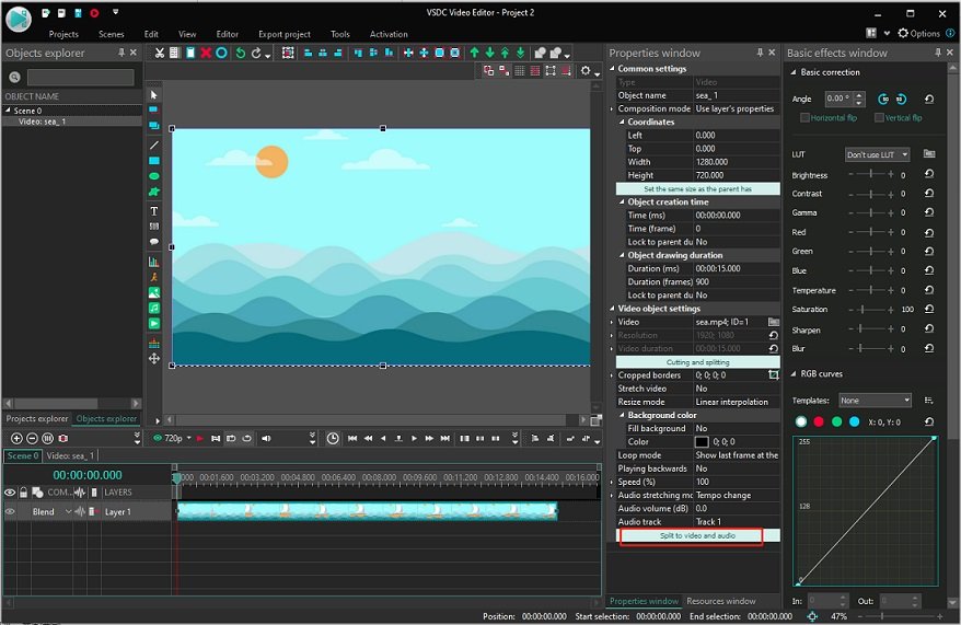 VSDC Video Editor interface with the selected Split to video and audio option.