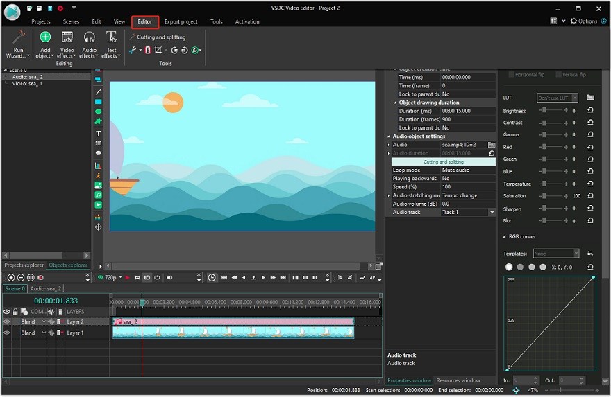 The selected Editor option on the top of the VSDC Video Editor interface.