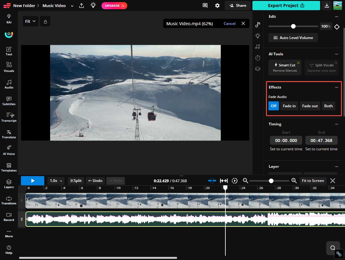 The selected audio effects on the right side of the Kapwing editing interface.