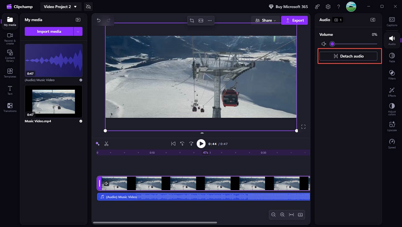 Clipchamp interface with the selected Detach audio option.