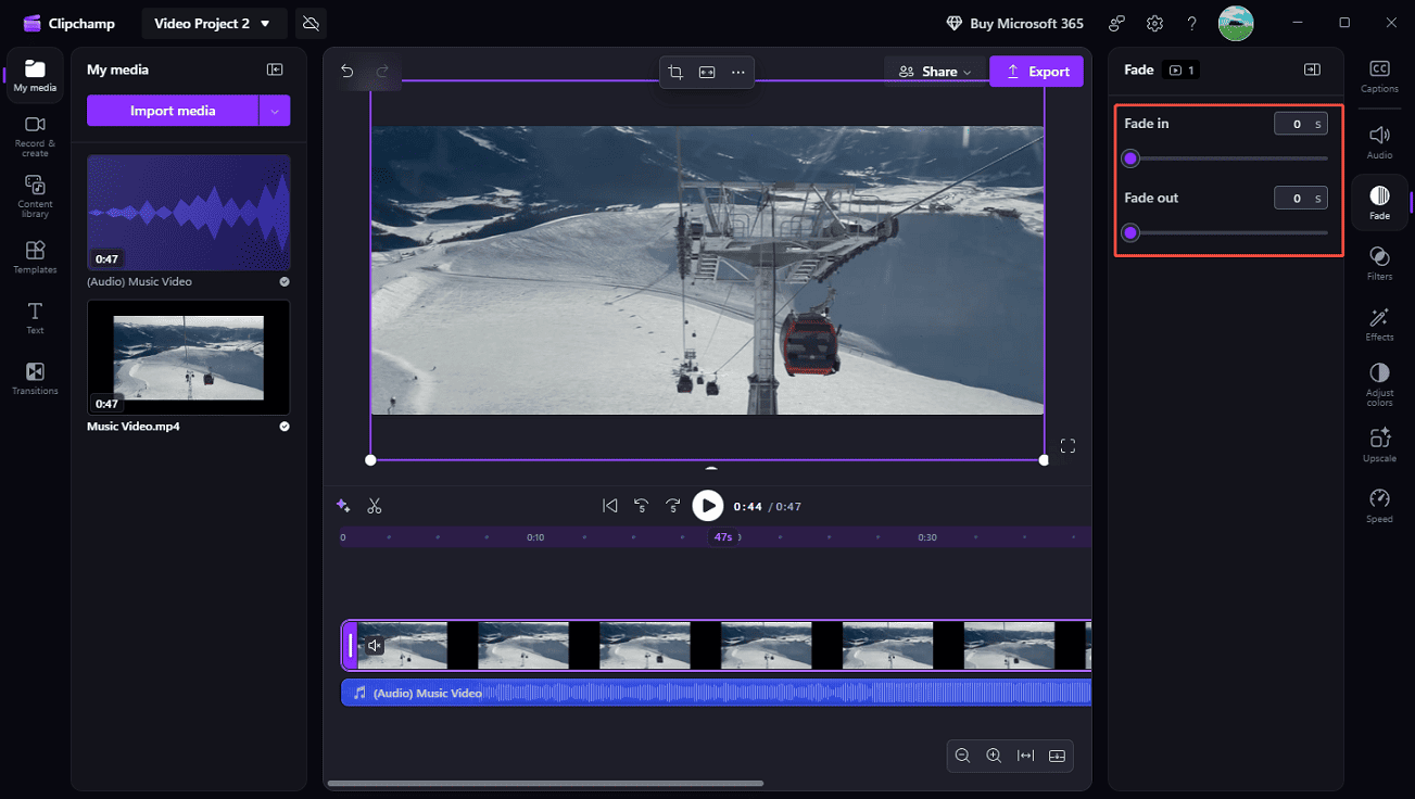 Clipchamp interface showing how to fade in and out the audio.