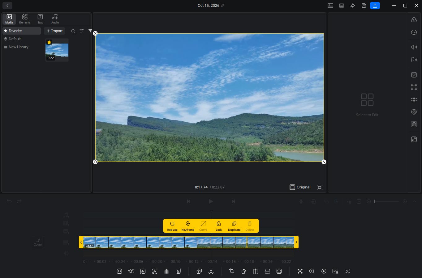 VN interface with a video on the timeline, enabled buttons at the bottom and on the right side.