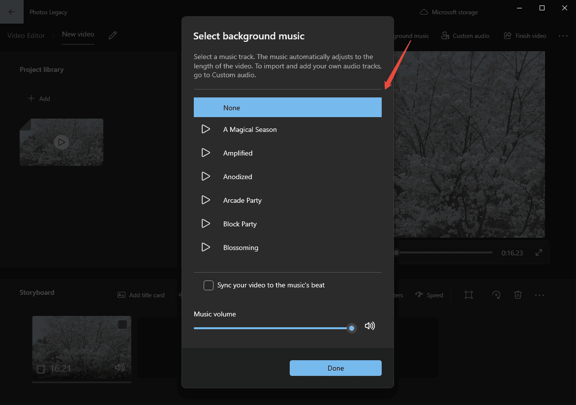 Photos Legacy editing interface showing how to add background music.