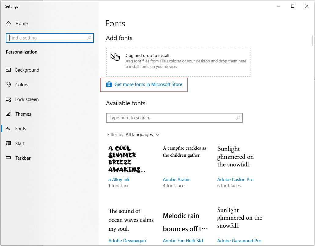 Click on Get more fonts in Microsoft Store