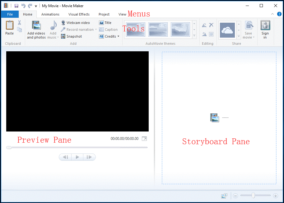 Hauptoberfläche von Windows MovieMaker