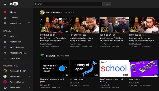 the main interface of YouTube