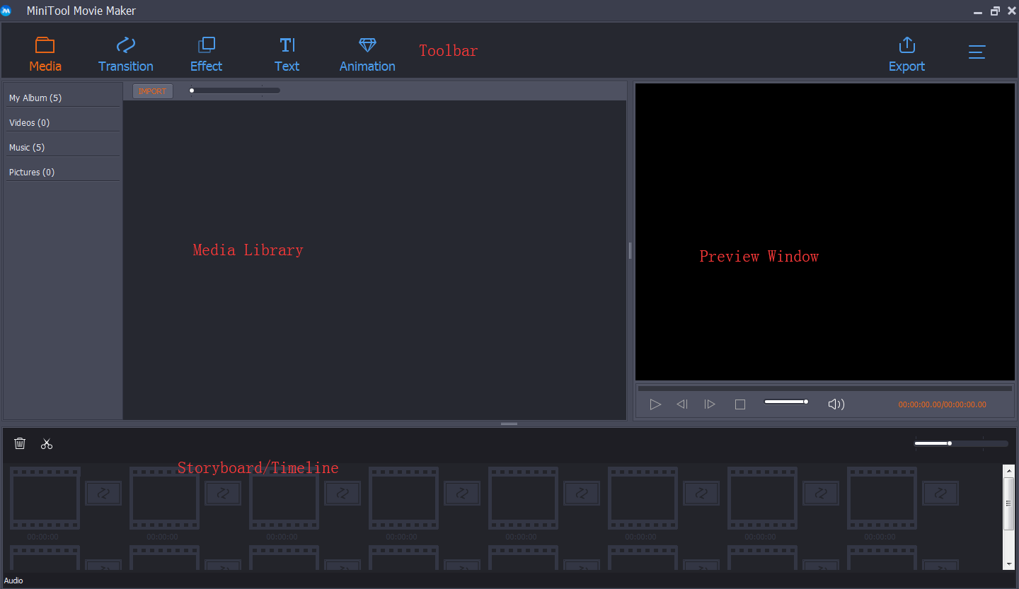 the main interface of MiniTool Movie Maker