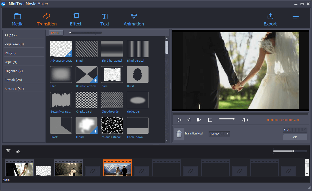 add transition to video clips