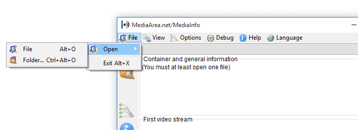 choose file, open, and file button in the main window of MediaInfo