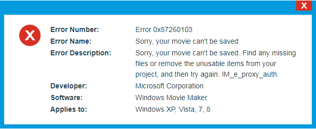 Movie Maker error 0x87260103