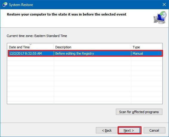 choose a restore point to restore system 