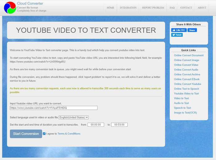 YouTube video to text converter
