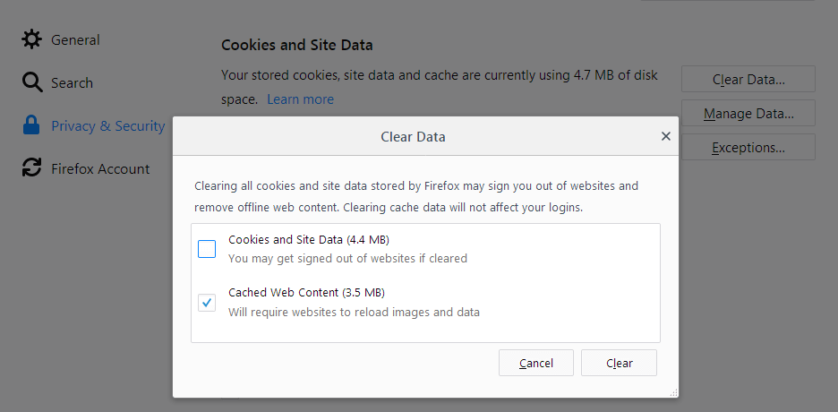 clear firefox's cache and cookies