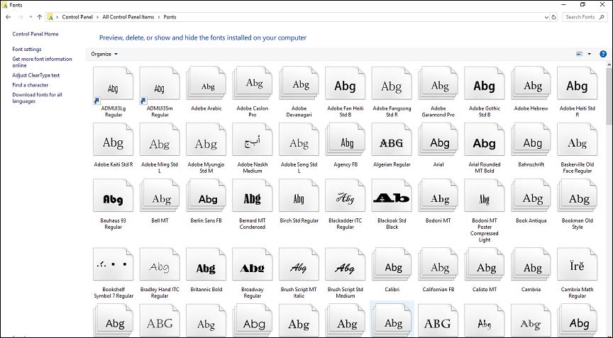 fonts in the control panel