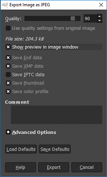 Export Image as JPEG window