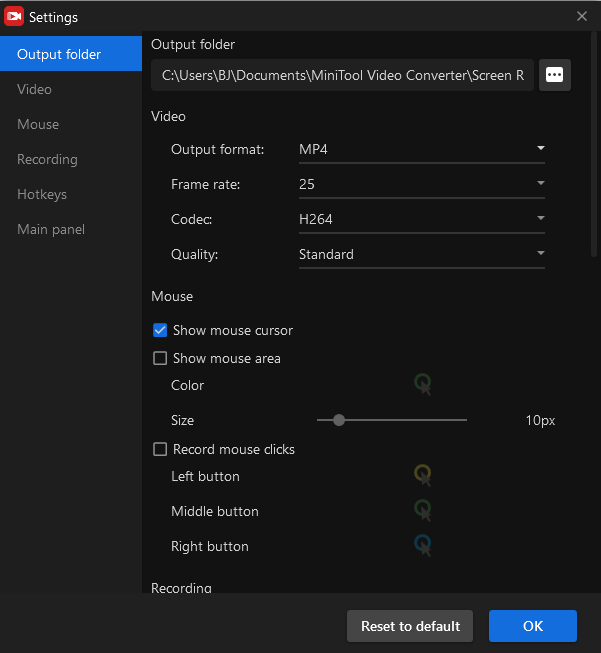 Screen recording settings on MiniTool Video Converter