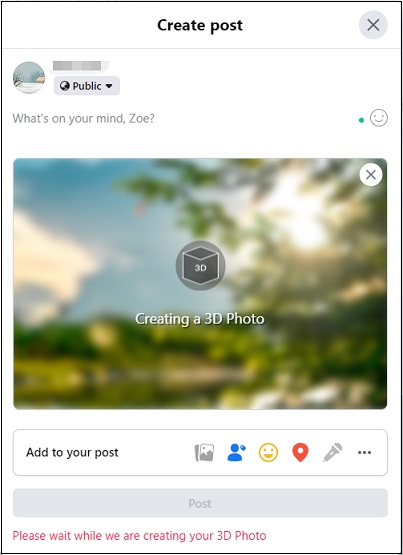 post Facebook 3D photo on the computer