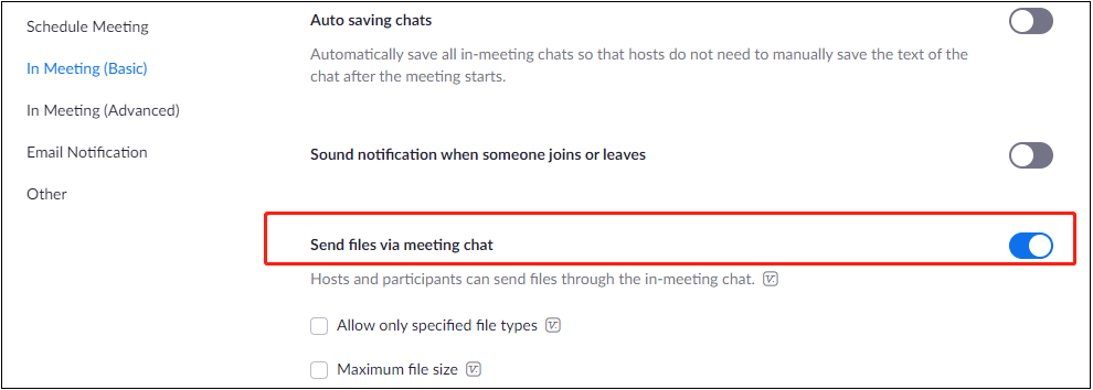 enable Send files via meeting chat