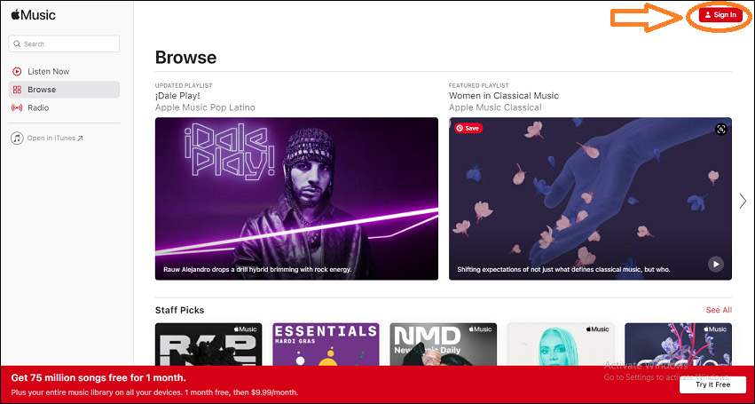 click Sign In on Apple Music player website