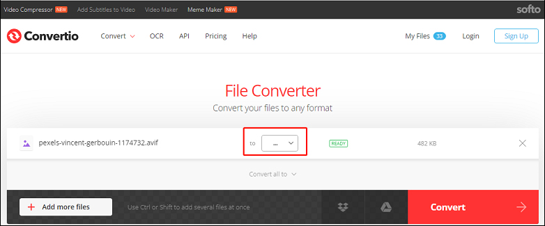 convert AVIF to JPG with Convertio